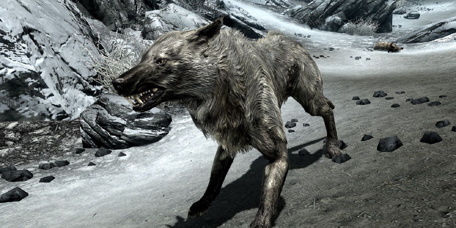 Skyrim Guard probeert dode wolf te arresteren